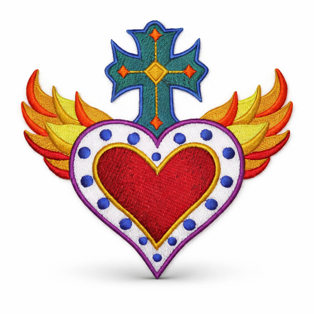 Parche bordado para planchar o coser "Milagro Healing Hearts" (Corazón, Cruz y Llamas) [13,2 cm x 12,8 cm], personalizado y único [Hecho en EE. UU.]