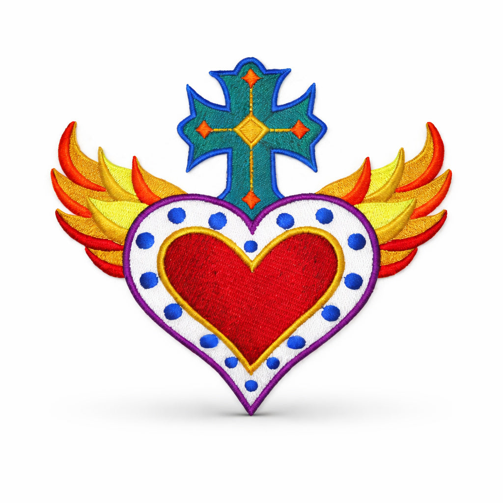 Parche bordado para planchar o coser "Milagro Healing Hearts" (Corazón, Cruz y Llamas) [13,2 cm x 12,8 cm], personalizado y único [Hecho en EE. UU.]