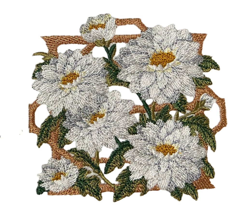 White Chrysanthemum Flowers 3.85" x3.58" Embroidered Patch