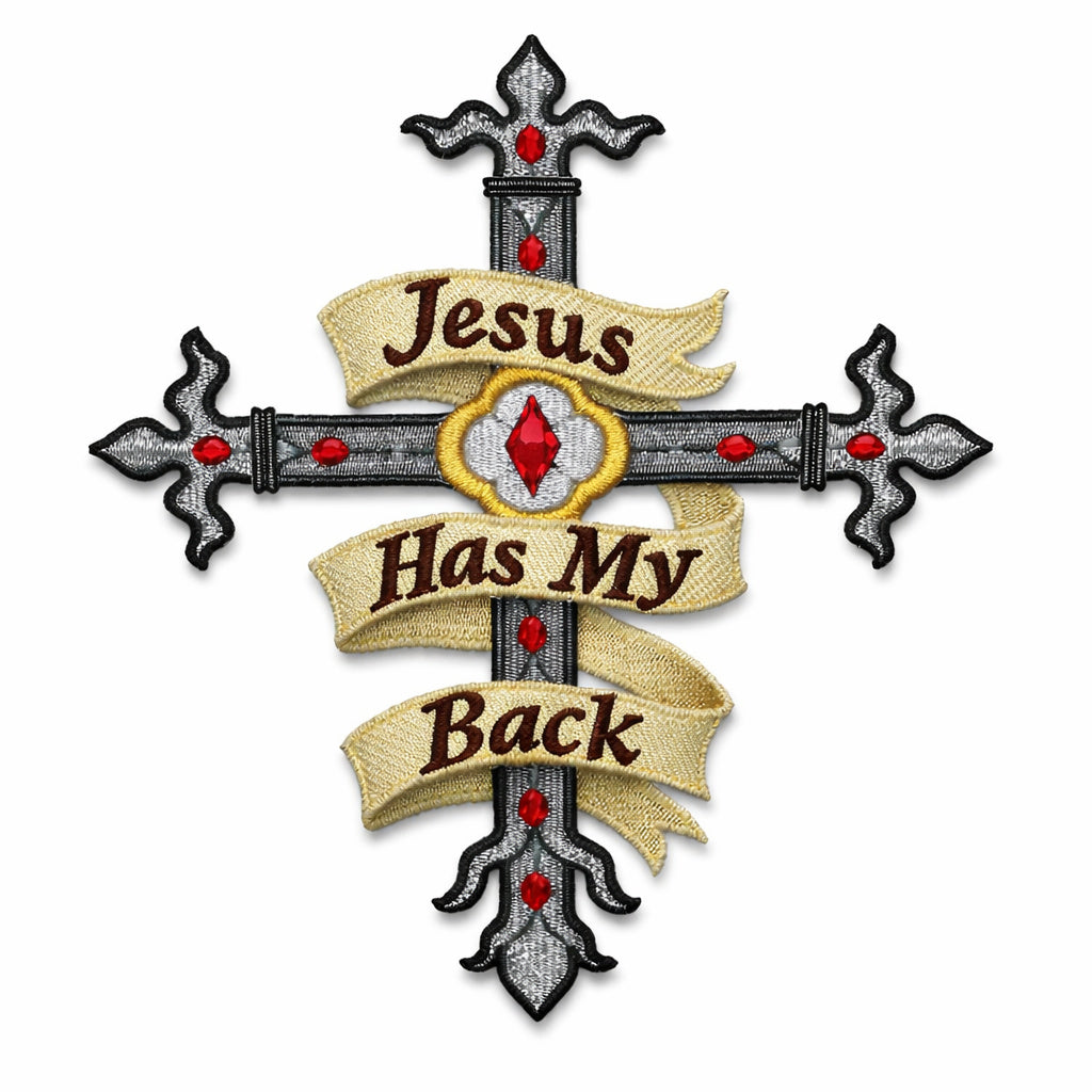 Jesus Has My Back Sacred Cross Embroidered Patch (6.5" x 4.87") Iron On or Sew On Christian Faith Emblem, Made in USA