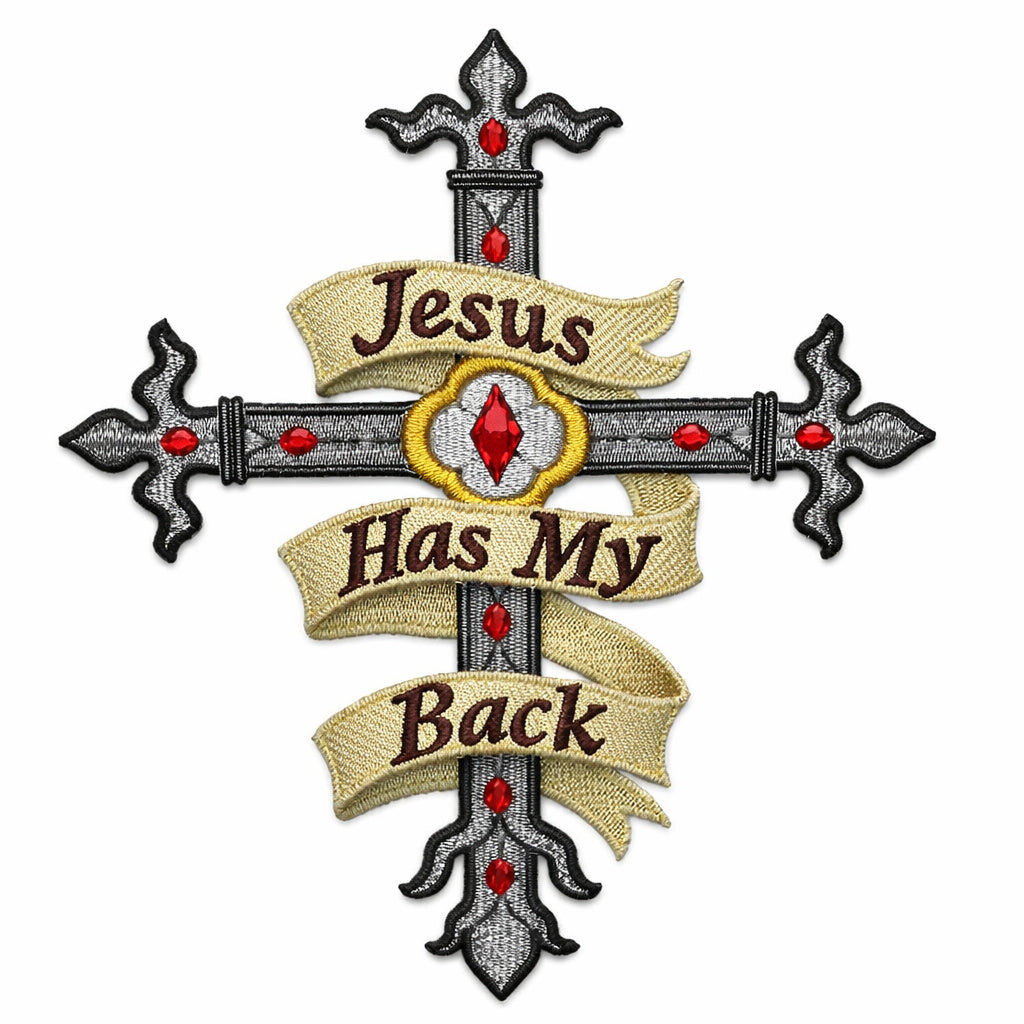 Jesus Has My Back Sacred Cross Embroidered Patch (6.5" x 4.87") Iron On or Sew On Christian Faith Emblem, Made in USA