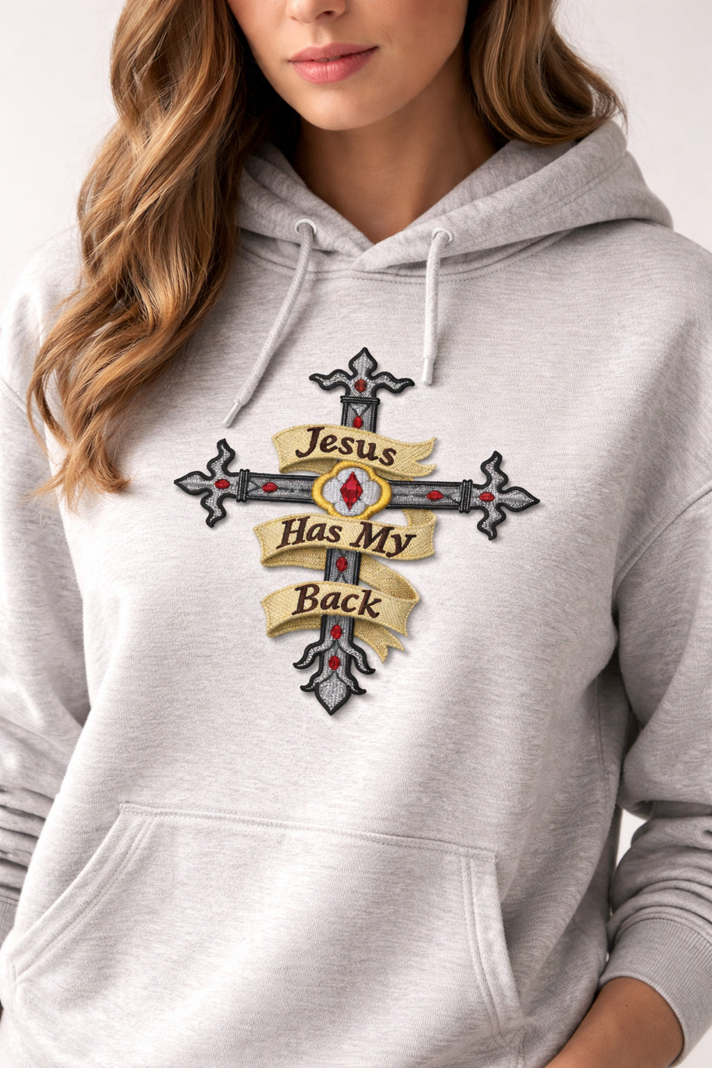 Jesus Has My Back Sacred Cross Embroidered Patch (6.5" x 4.87") Iron On or Sew On Christian Faith Emblem, Made in USA