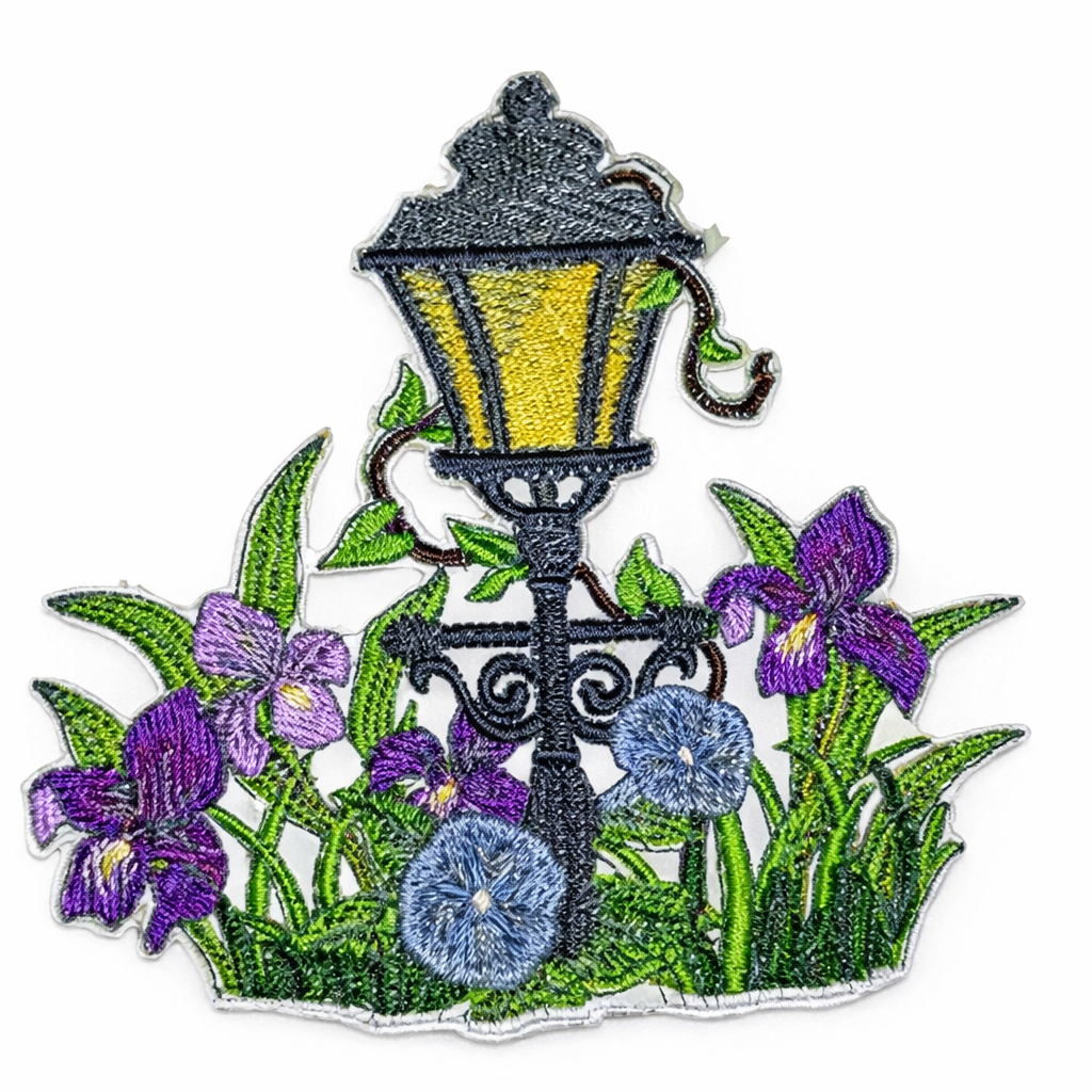 Park Place Lamppost Embroidered Patch – Spring Floral Street Scene Iron-On or Sew-On Applique, 3.8" x 4", Made in USA