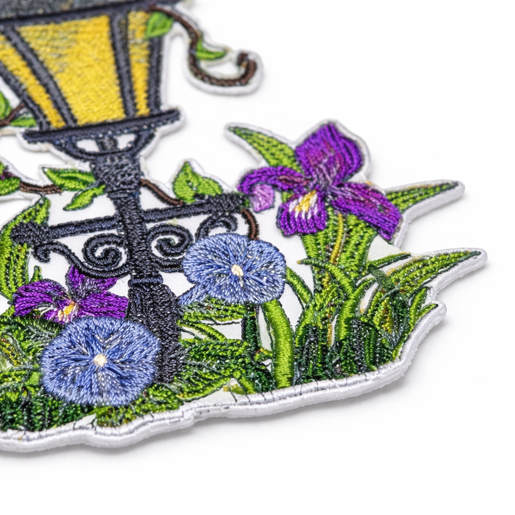 Park Place Lamppost Embroidered Patch – Spring Floral Street Scene Iron-On or Sew-On Applique, 3.8" x 4", Made in USA