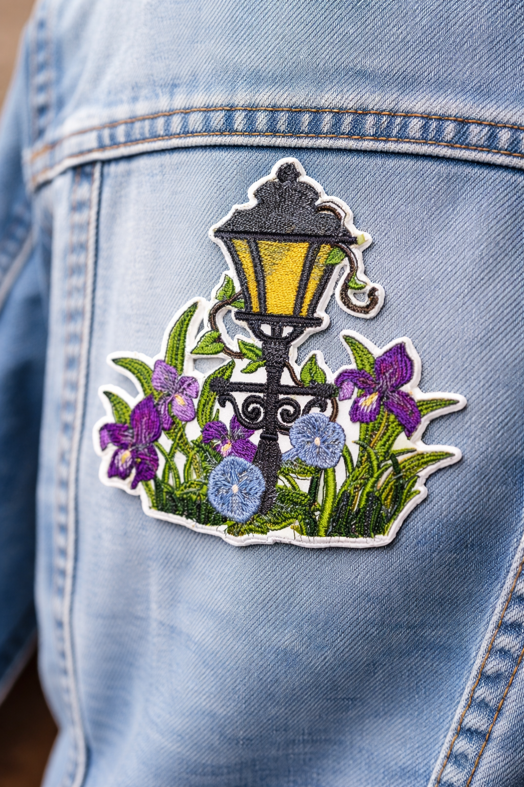 Park Place Lamppost Embroidered Patch – Spring Floral Street Scene Iron-On or Sew-On Applique, 3.8" x 4", Made in USA