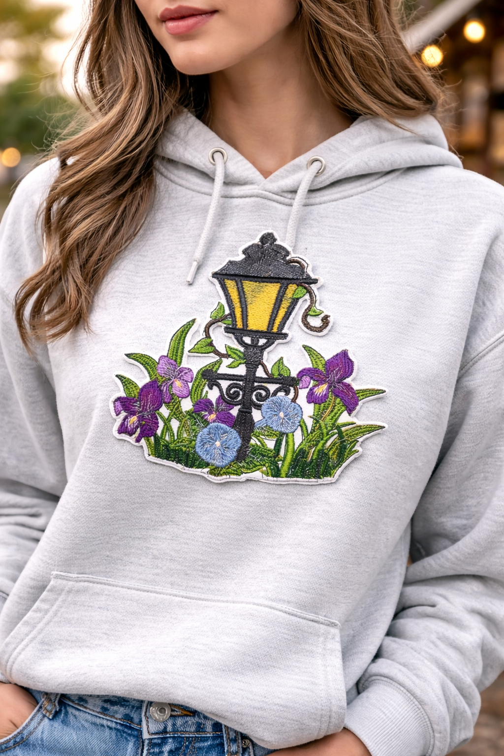 Park Place Lamppost Embroidered Patch – Spring Floral Street Scene Iron-On or Sew-On Applique, 3.8" x 4", Made in USA
