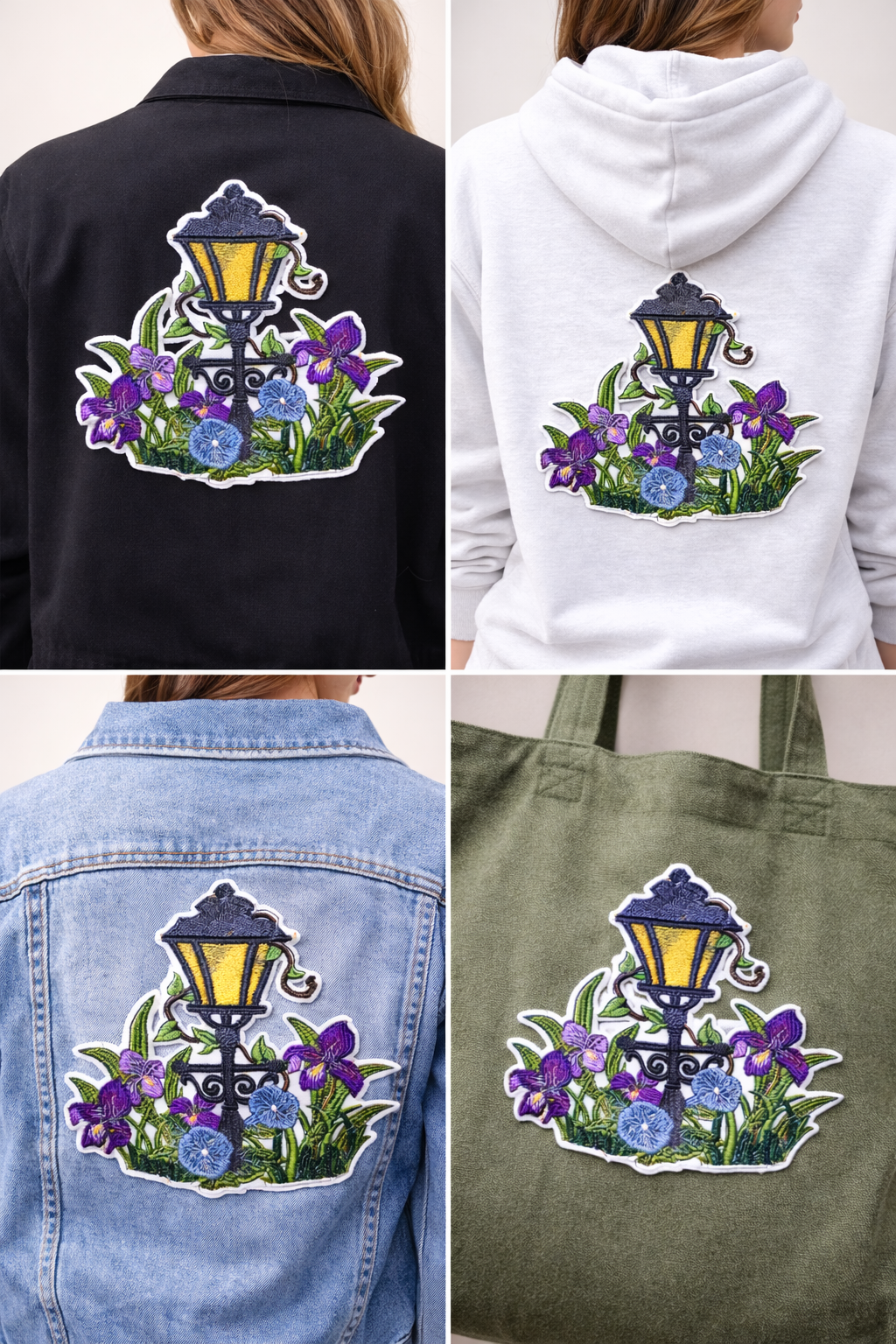 Park Place Lamppost Embroidered Patch – Spring Floral Street Scene Iron-On or Sew-On Applique, 3.8" x 4", Made in USA