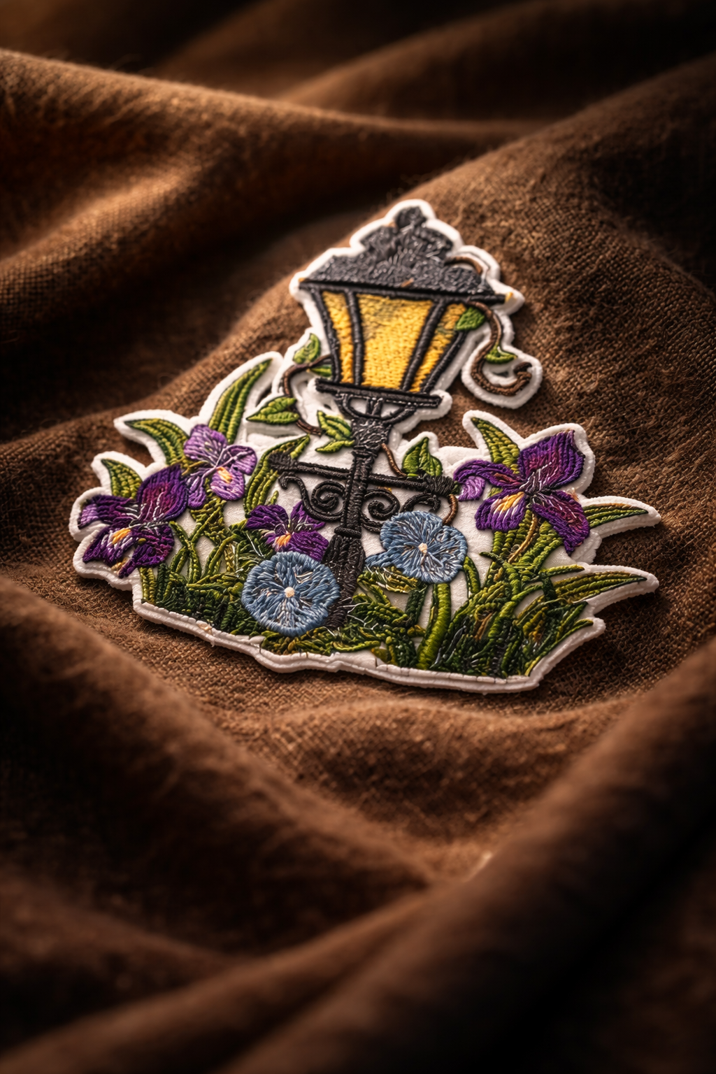 Park Place Lamppost Embroidered Patch – Spring Floral Street Scene Iron-On or Sew-On Applique, 3.8" x 4", Made in USA