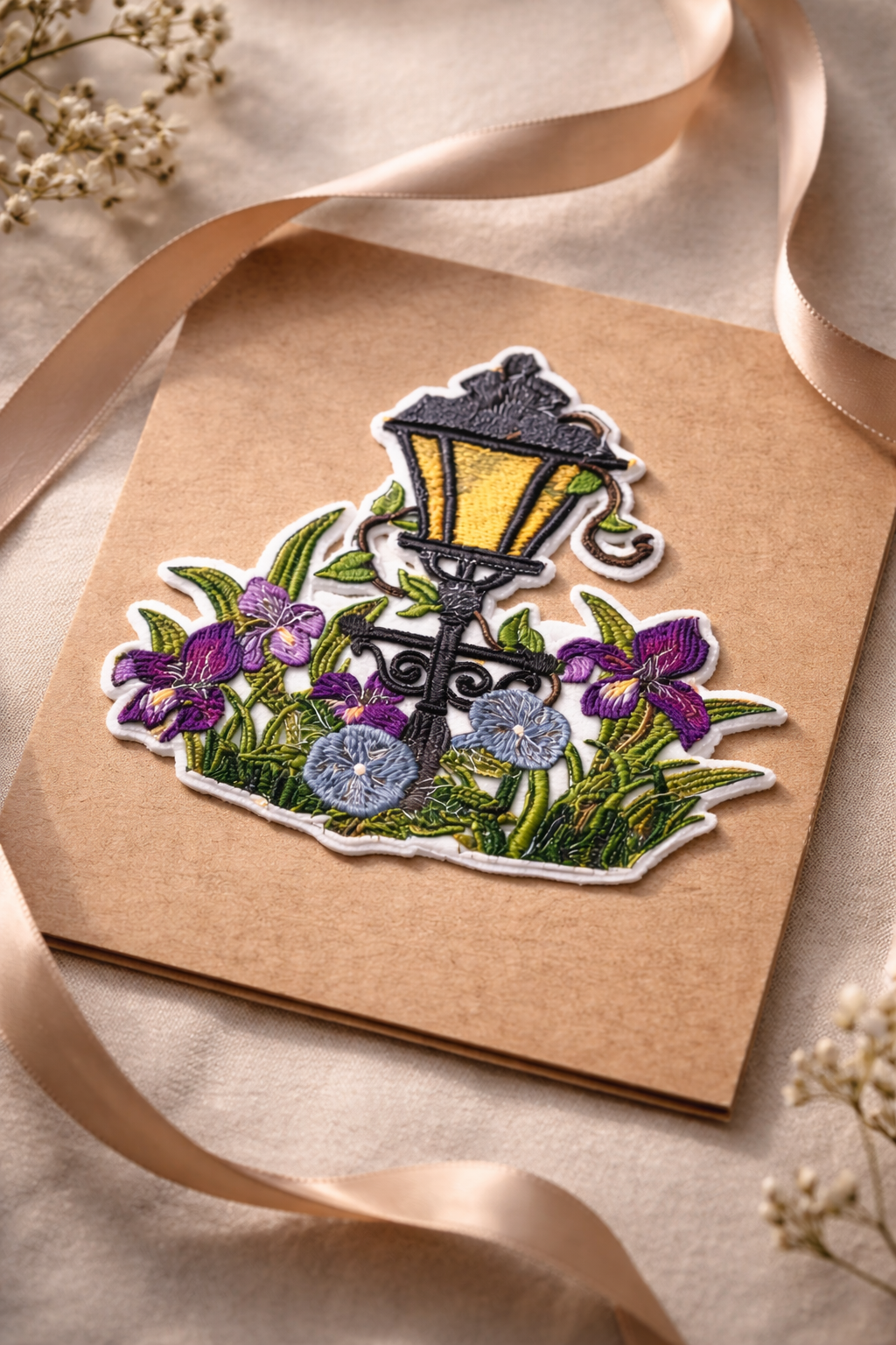 Park Place Lamppost Embroidered Patch – Spring Floral Street Scene Iron-On or Sew-On Applique, 3.8" x 4", Made in USA