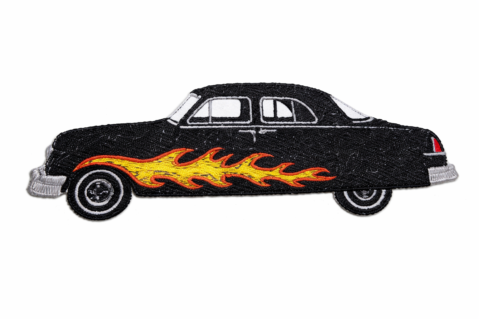 Black car with orange flames on a white background