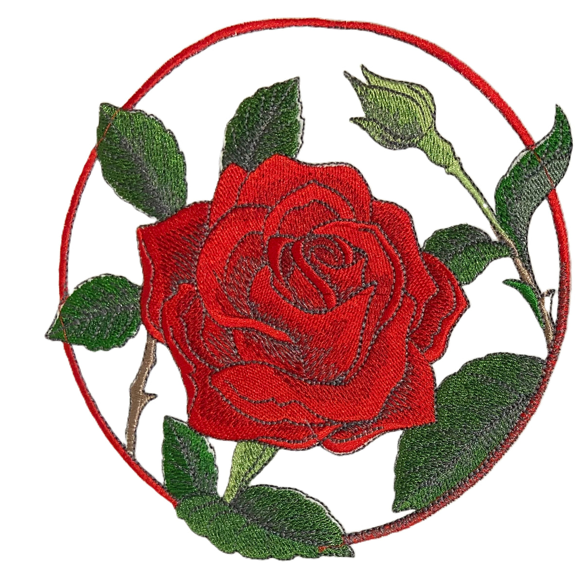 Beyond Vision Rose Flower Circle Embroidered Patch - 5.85 inch red rose with green foliage in circular border