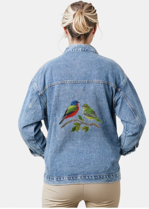 Custom Birds Painted Bunting Pair Beyond Vision Fabric Applique Patch [3.77" x 4.88"]