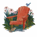 Embroidered design of a red chair with flowers and a bird on a white background