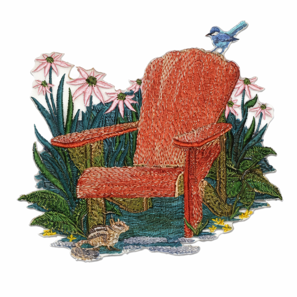 Embroidered design of a red chair with flowers and a bird on a white background