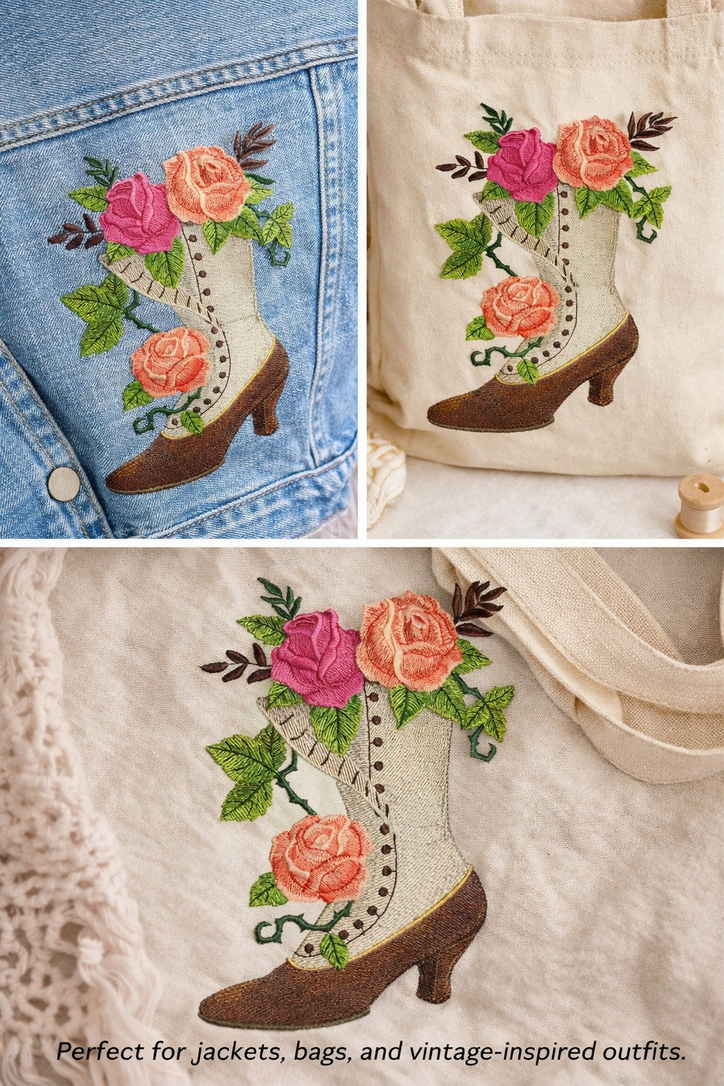 Victorian Boot with Roses Embroidered Patch Large (6.66" x 7.8") in | Iron-On or Sew-On | Vintage Floral Applique for Jackets, Bags & DIY Fashion