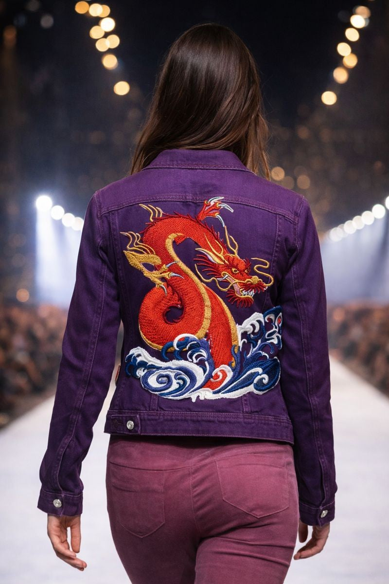 Parche bordado termoadhesivo/cosido de dragón legendario mítico único personalizado [Ondas giratorias - Dragón] [17,5 x 20,8 cm] [Hecho en EE. UU.]