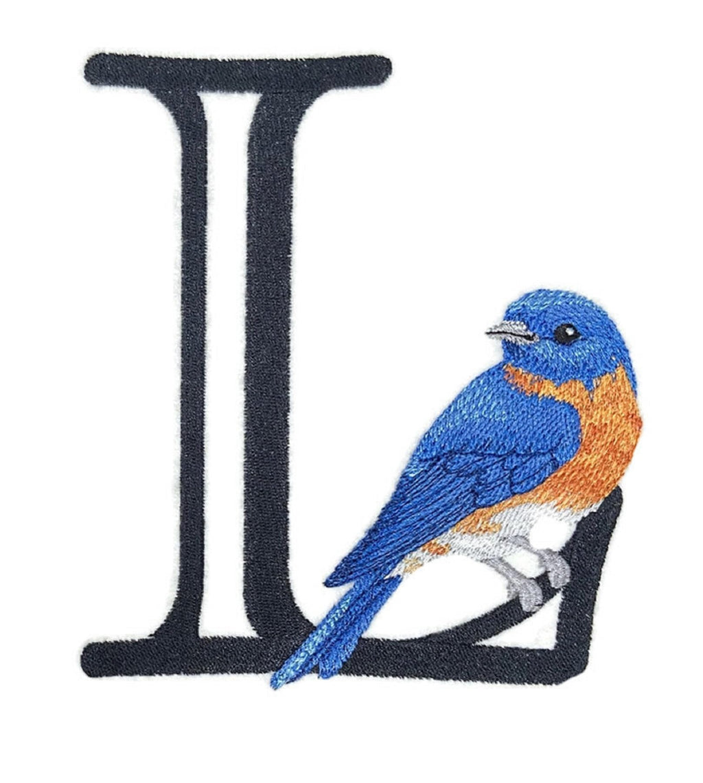 Parche bordado para planchar o coser con la letra L y pájaro azul [13,5 cm x 15,5 cm]