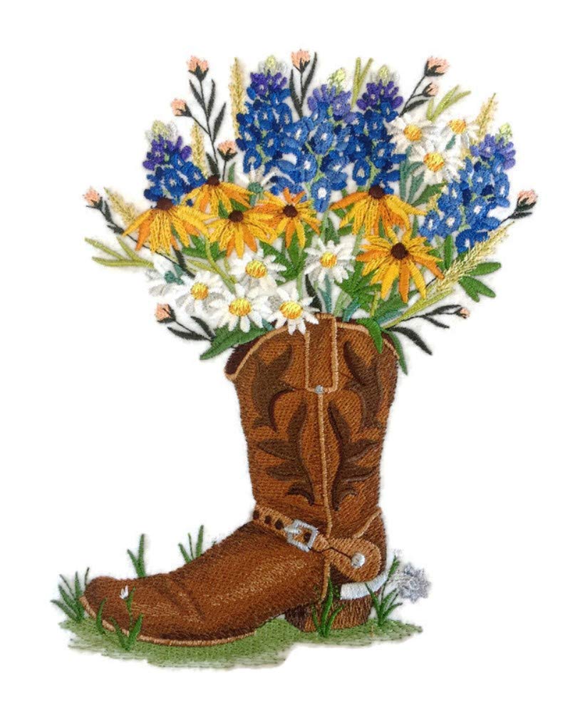 Custom and Unique (Cowboy Boot Bouquet) Blooms Flower Embroidered Iron on/Sew Patch (5.85" x 7.79") [Made in USA]