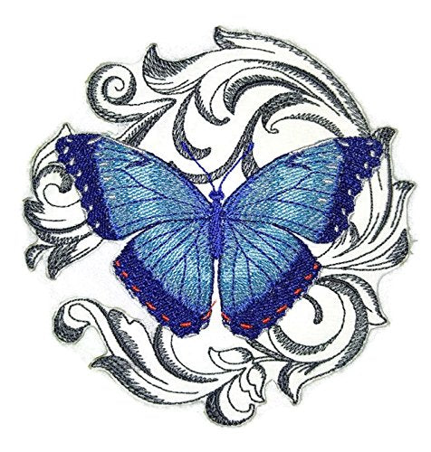 BeyondVision Custom and Unique Amazing Colorful Butterflies [Blue Morpho with Baroque ] Embroidered Iron On/Sew Patch (5" x 5") Made in USA