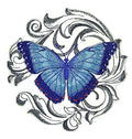 Blue Morpho Butterfly with Baroque (5" x 5") embroidered iron-on patch