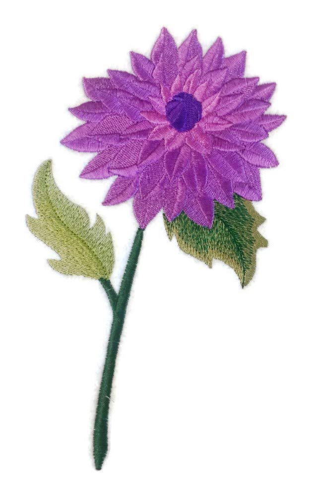 Parche bordado para planchar o coser, personalizado y único (dalia de tallo largo). Flor inspiradora [5" (ancho) x 7.8" (alto)] [Hecho en EE. UU.]