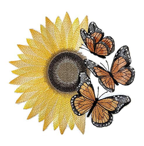 Parche bordado para planchar o coser con flores (Florece y revolotea: girasol y monarca), personalizado y único [5,55" (ancho) x 7,79" (alto)]