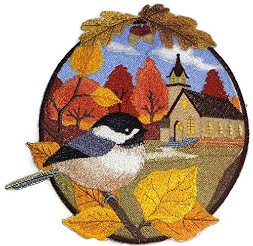 Custom and Unique Country Autumn Chickadee and Church Embroidered Iron on/Sew Patch (6.91" x 7.2") [Made in USA]