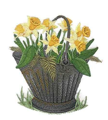 Custom and Unique Spring Blooms with Vase [ Pretty Pale Daffodil ] Embroidered Iron on/Sew Patch (5.13" x 4.87") [Made in USA]