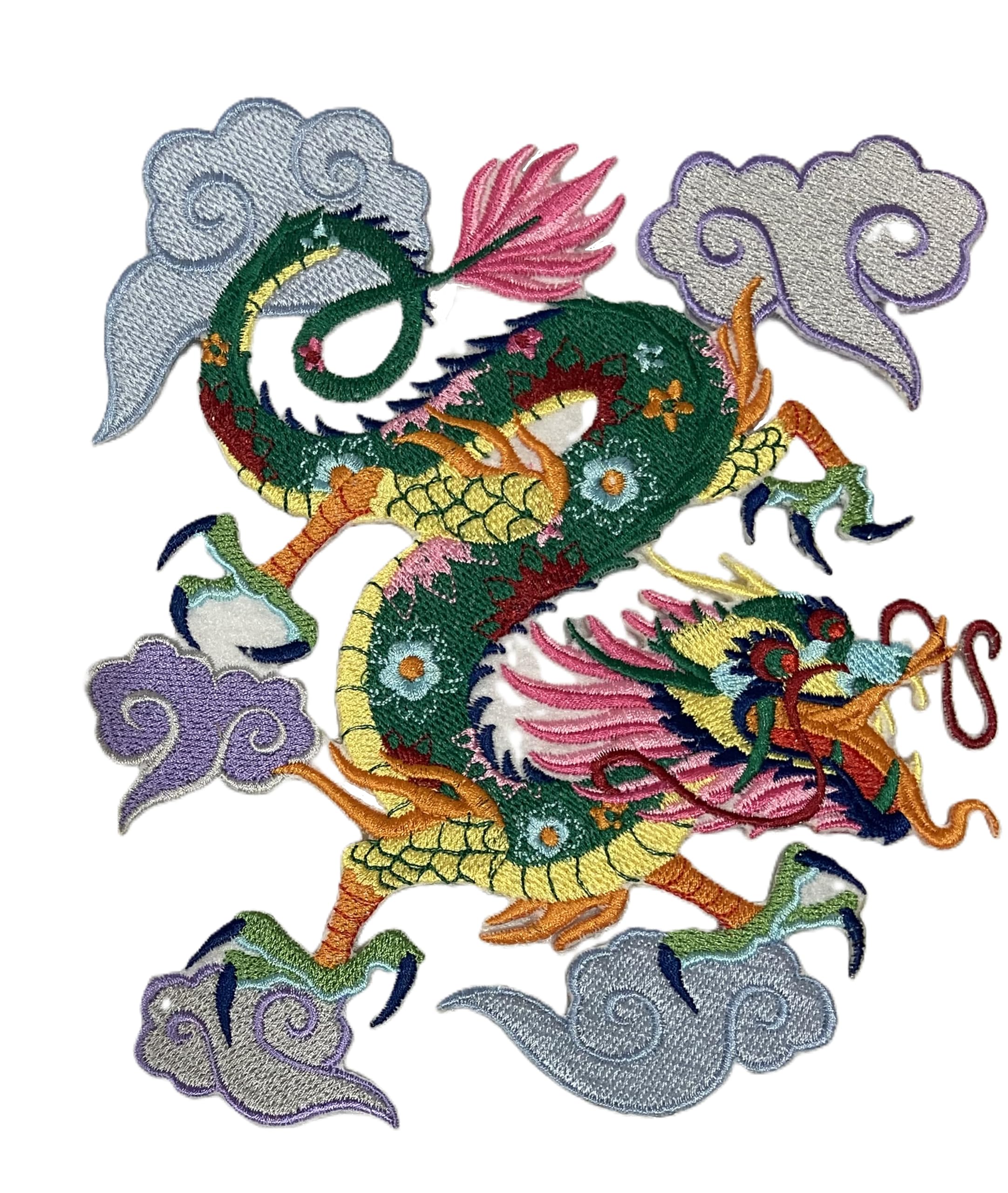 Colorful embroidered dragon design on a white background