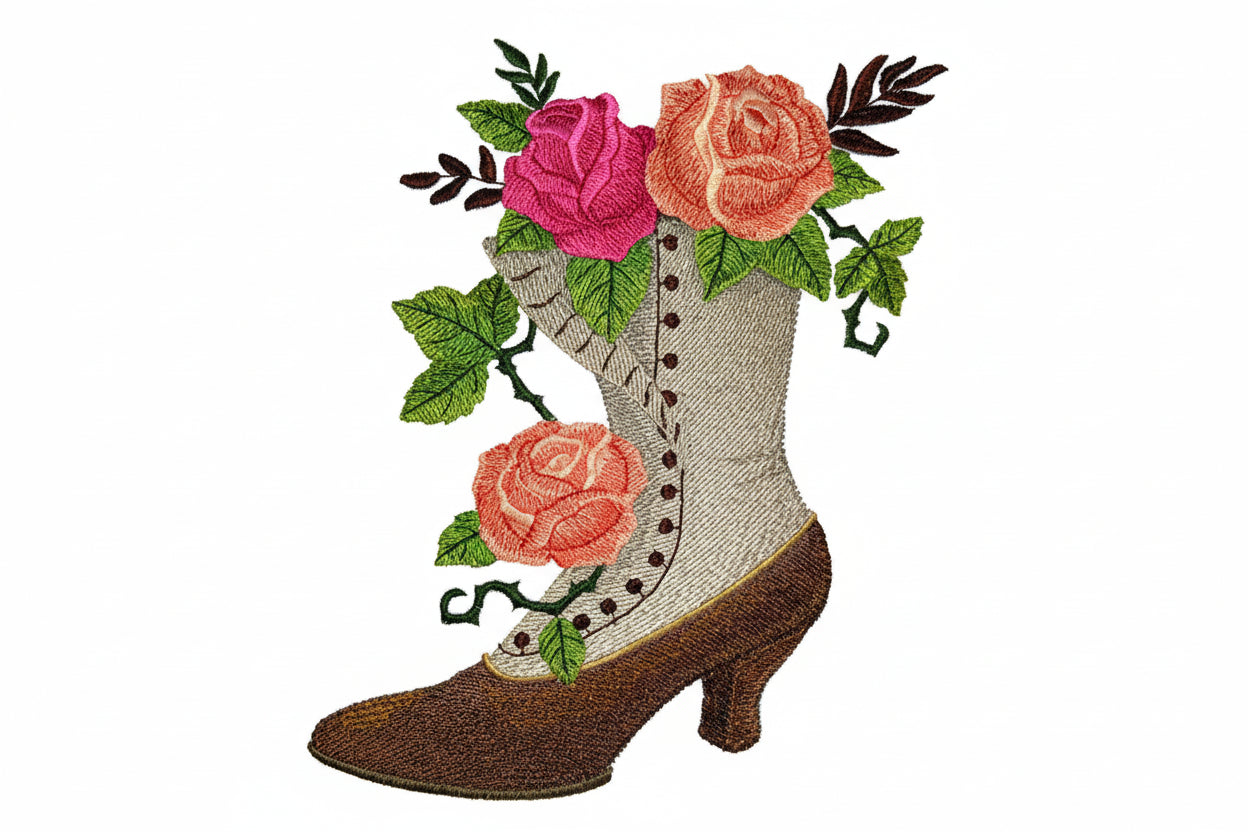 Embroidered design of a boot with roses on a white background