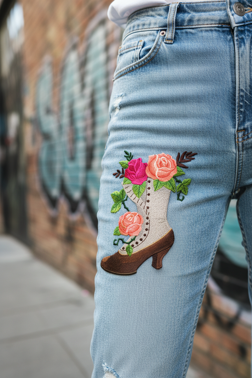 Victorian Boot with Roses Embroidered Patch Large (6.66" x 7.8") in | Iron-On or Sew-On | Vintage Floral Applique for Jackets, Bags & DIY Fashion