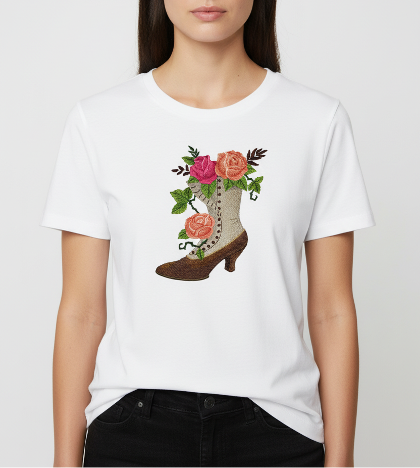 Victorian Boot with Roses Embroidered Patch Large (6.66" x 7.8") in | Iron-On or Sew-On | Vintage Floral Applique for Jackets, Bags & DIY Fashion
