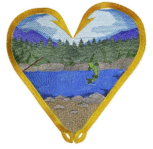 Parche bordado para planchar o coser "Vamos a pescar" de BeyondVision, personalizado y único [Corazón de pesca, pez luchador] [20 x 19,5 cm], hecho en EE. UU.