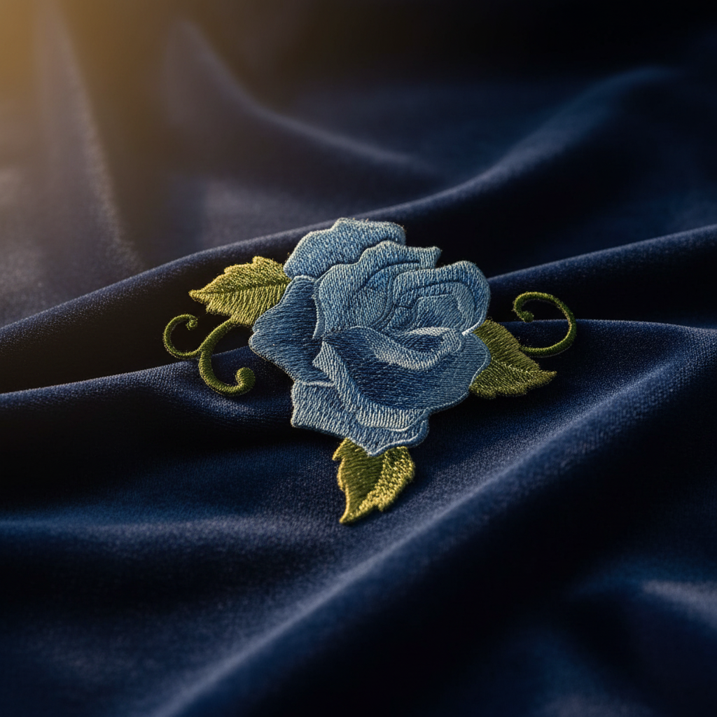 Artistic blue rose patch with dramatic lighting
