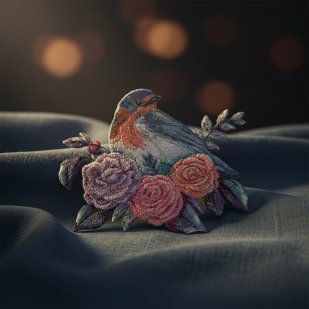 Artistic bluebird and roses patch with dramatic lighting