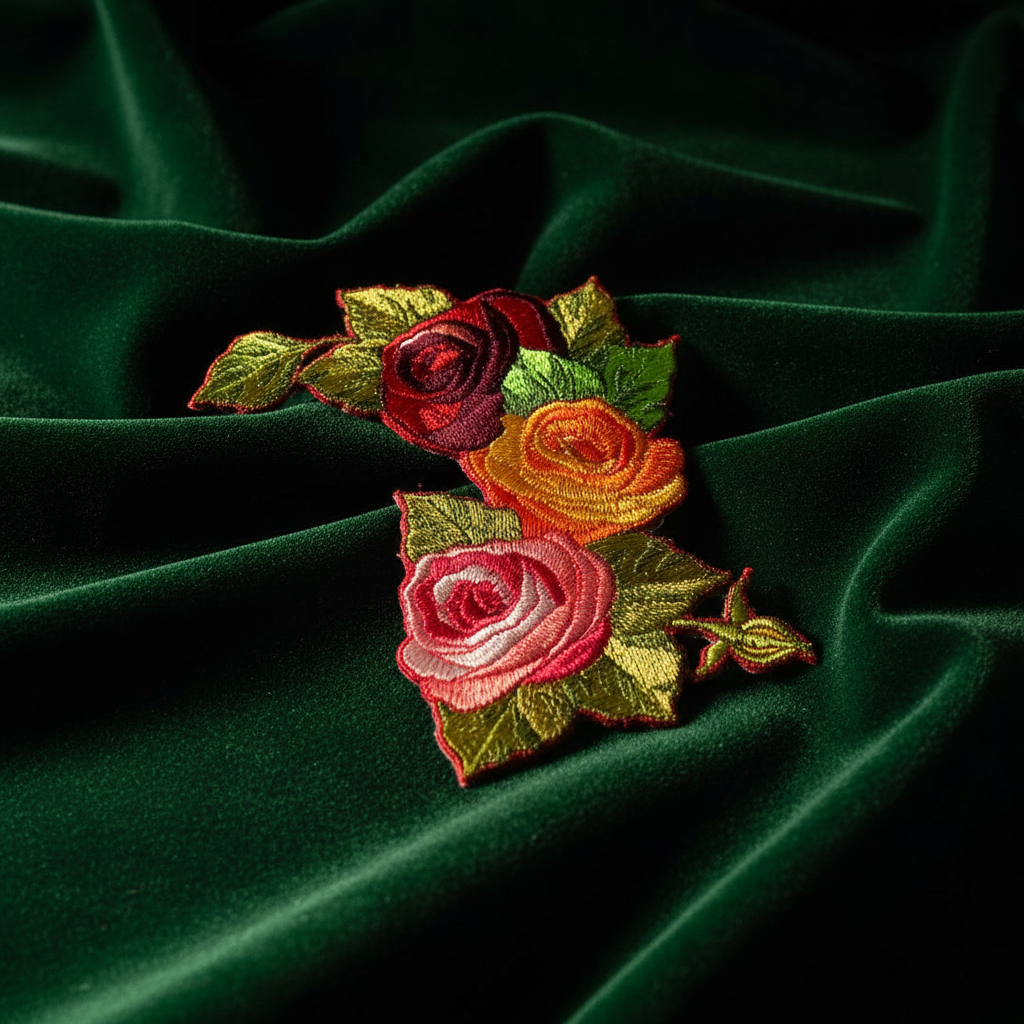 Artistic three-rose bouquet patch with dramatic lighting