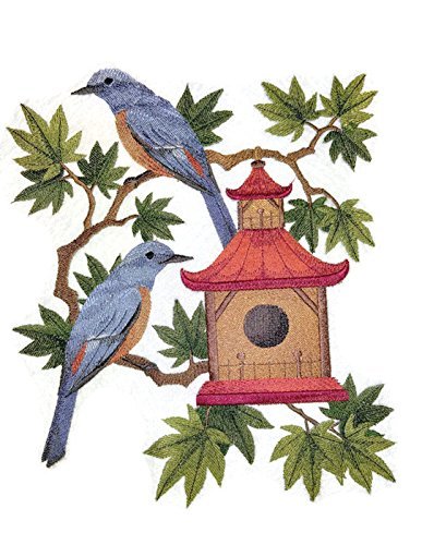 Naturaleza entretejida en hilos, Reino de las aves asombrosas [Roqueros azules y pajarera] [Personalizado y único] Parche bordado para planchar o coser [25 x 21 cm] [Hecho en EE. UU.]