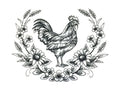 Nature Weaved in Threads, Rooster [Rooster Sketch Wreath ] [] / (7.75" x 5.87") [] embroidered iron-on patch