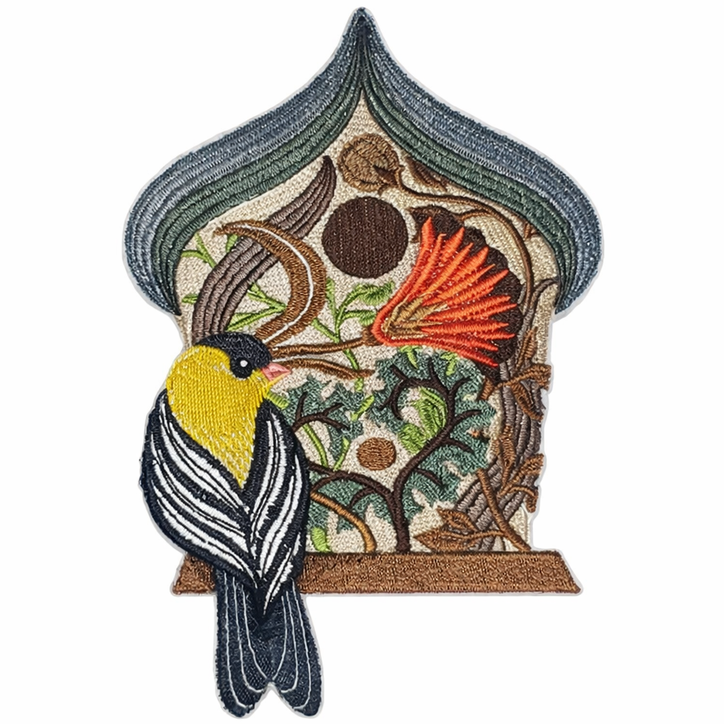 Art & Craft Birdhouse with Goldfinch Embroidered Patch – Handmade Iron-On or Sew-On Design, 7.5” x 5”, Made in USA