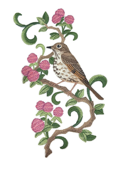 Beyond Vision Custom BirdVermont Hermit Thrush and Red Clover Medley Embroidery Iron On/Sew Patch (5.75" x 9.4")