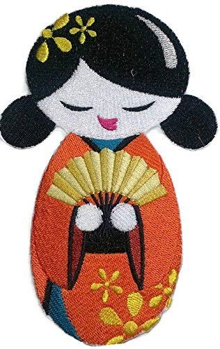 BeyondVision [Custom] Krafty Kokeshi Japanese Doll [Kokeshi and Fan] Embroidery Iron On/Sew Patch (6.16" x 4.4")[Made in USA]