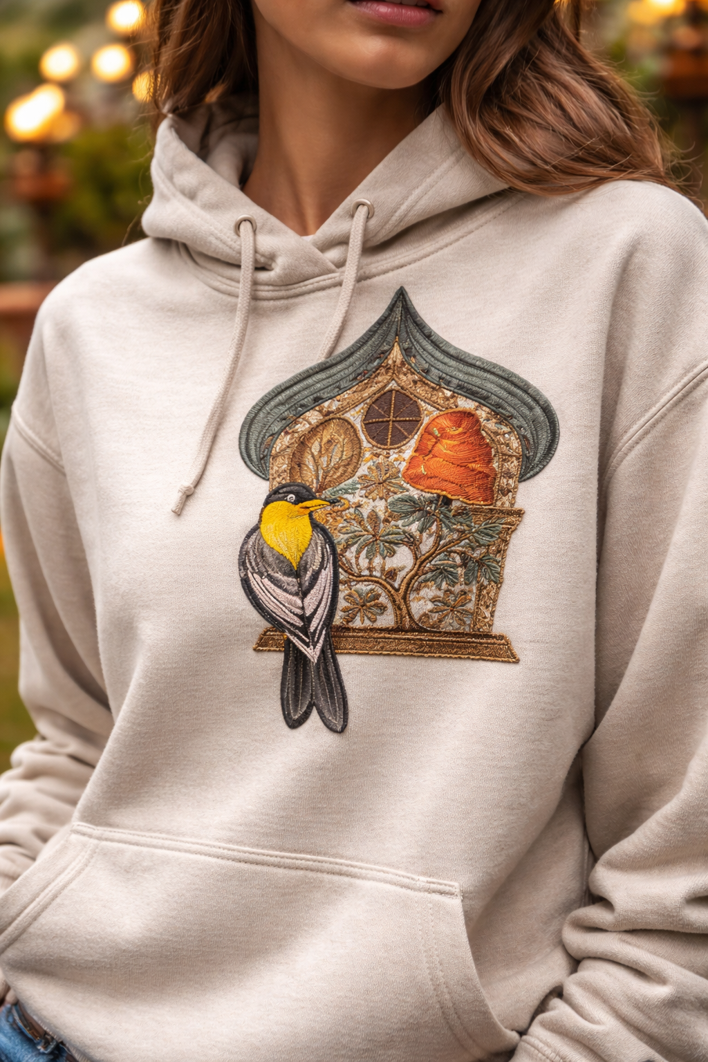 Art & Craft Birdhouse with Goldfinch Embroidered Patch – Handmade Iron-On or Sew-On Design, 7.5” x 5”, Made in USA