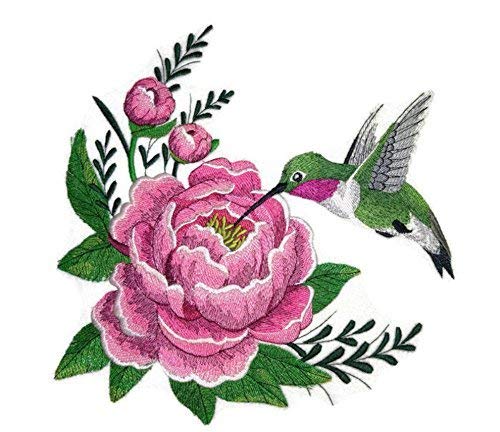 Nature Weaved in Threads, Amazing Birds Kingdom [Hummingbird and Peony] [Custom and Unique] Embroidered Iron on/Sew Patch (10" x 9.8") [Made in USA]