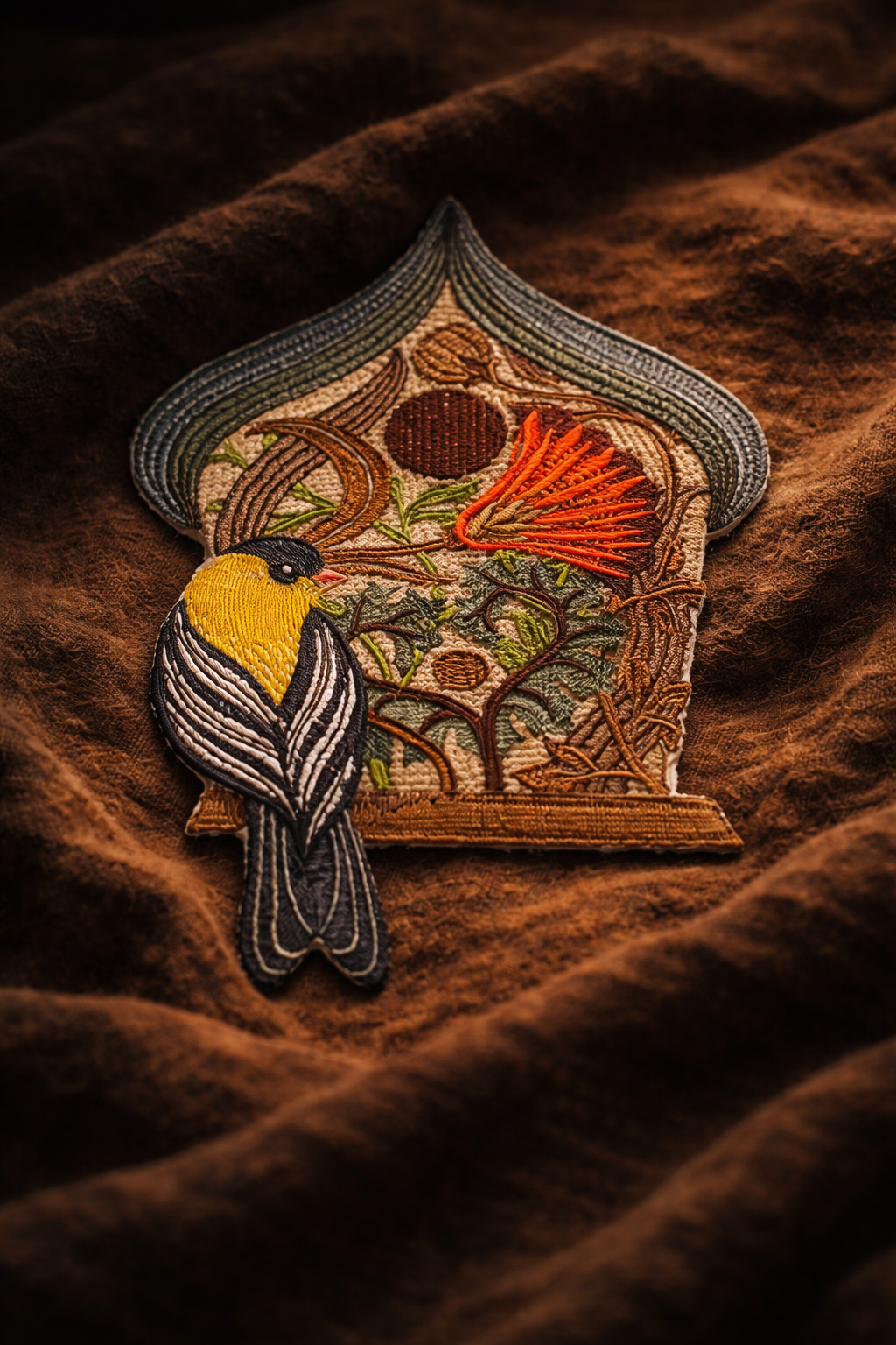 Art & Craft Birdhouse with Goldfinch Embroidered Patch – Handmade Iron-On or Sew-On Design, 7.5” x 5”, Made in USA