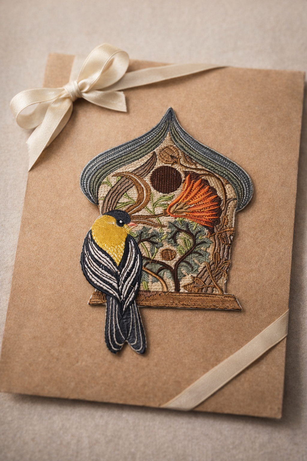 Art & Craft Birdhouse with Goldfinch Embroidered Patch – Handmade Iron-On or Sew-On Design, 7.5” x 5”, Made in USA