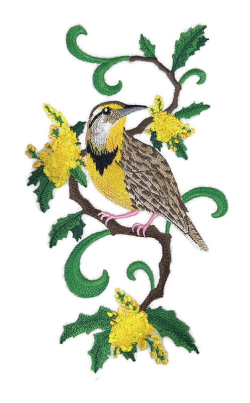 Parche termoadhesivo/cosido personalizado Beyond Vision con diseño de pájaro de Oregón, alondra occidental y bordado de Oregón [5,47" x 9,4"]