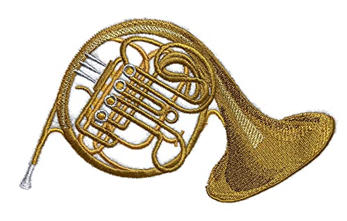Beyond Vision Mall - Instrumentos musicales [Corno francés] [Personalizado y único] Parche bordado para planchar o coser [4,4 pulgadas (ancho) x 7,1 pulgadas (alto)] [Hecho en EE. UU.]…, Gris, negro, blanco, marrón