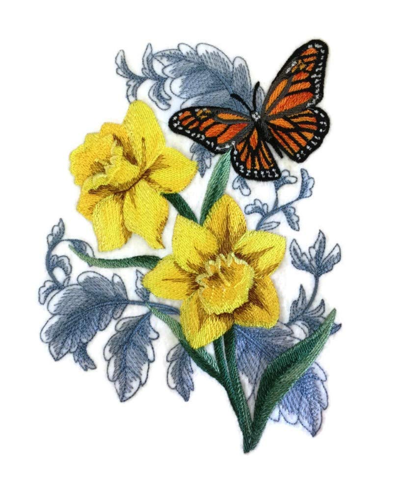 Custom and Unique (Monarch Butterfly and Daffodils) Blooms Flower Embroidered Iron on/Sew Patch (5.55" x 7.79") [Made in USA]