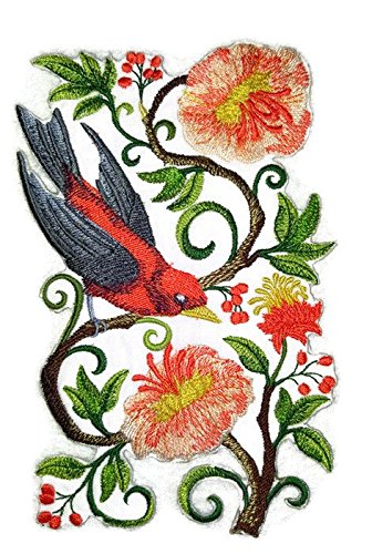 BeyondVision Nature Tejido en Hilos, Reino de las Aves Increíbles [Tangara Escarlata en Flores] [Personalizado y Único] Parche Bordado para Planchar o Coser [4" x 5.25"] [Hecho en EE. UU.]