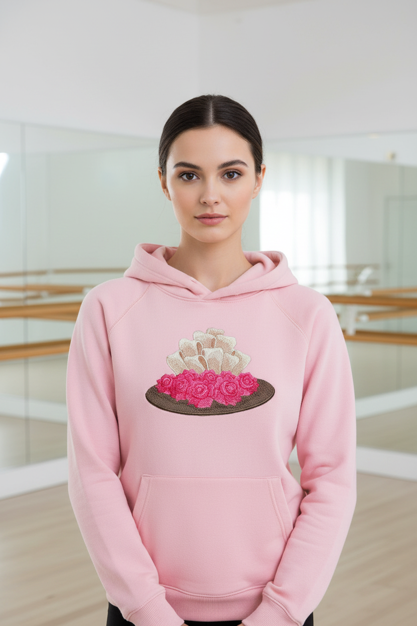 Ballet patch on hoodie chest with studio background